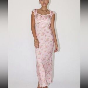 Pink floral maxi satin dress with lace up front